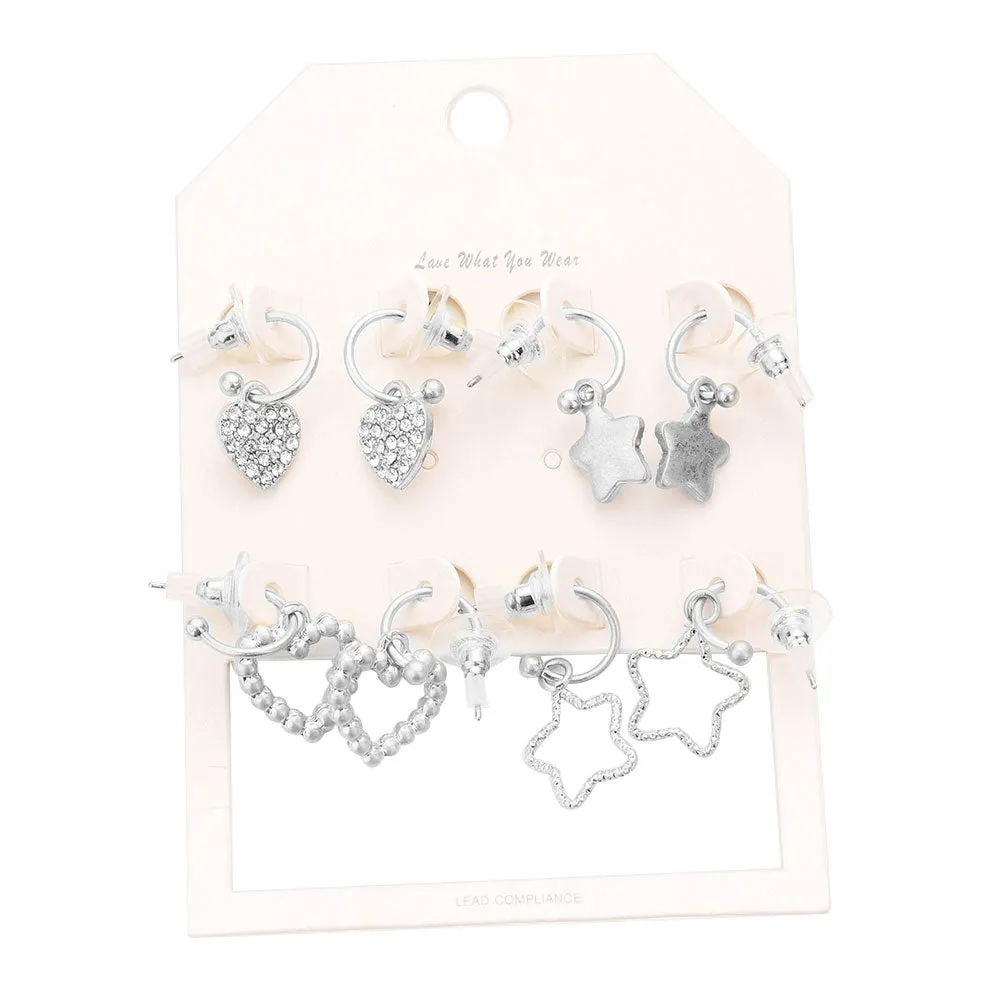 4Pairs  Rhinestone Embellished Heart Star Dangle Earrings
