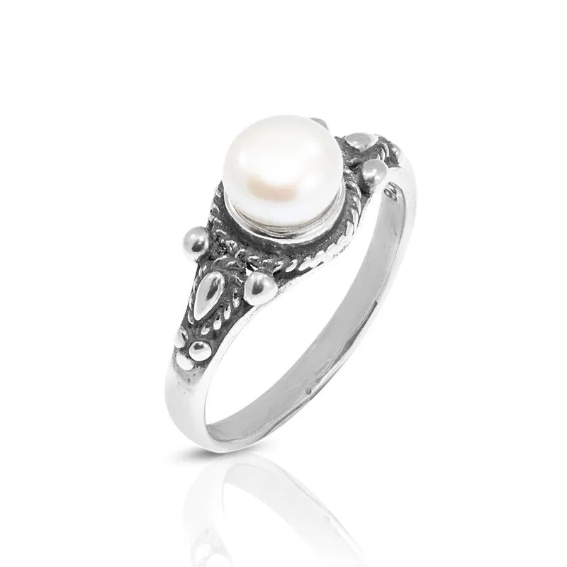 925 Sterling Silver Round White Pearl 5mm Ring