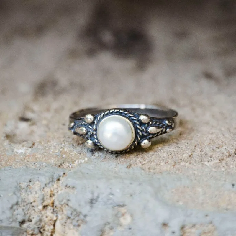 925 Sterling Silver Round White Pearl 5mm Ring