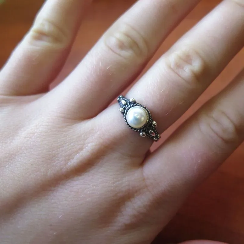 925 Sterling Silver Round White Pearl 5mm Ring