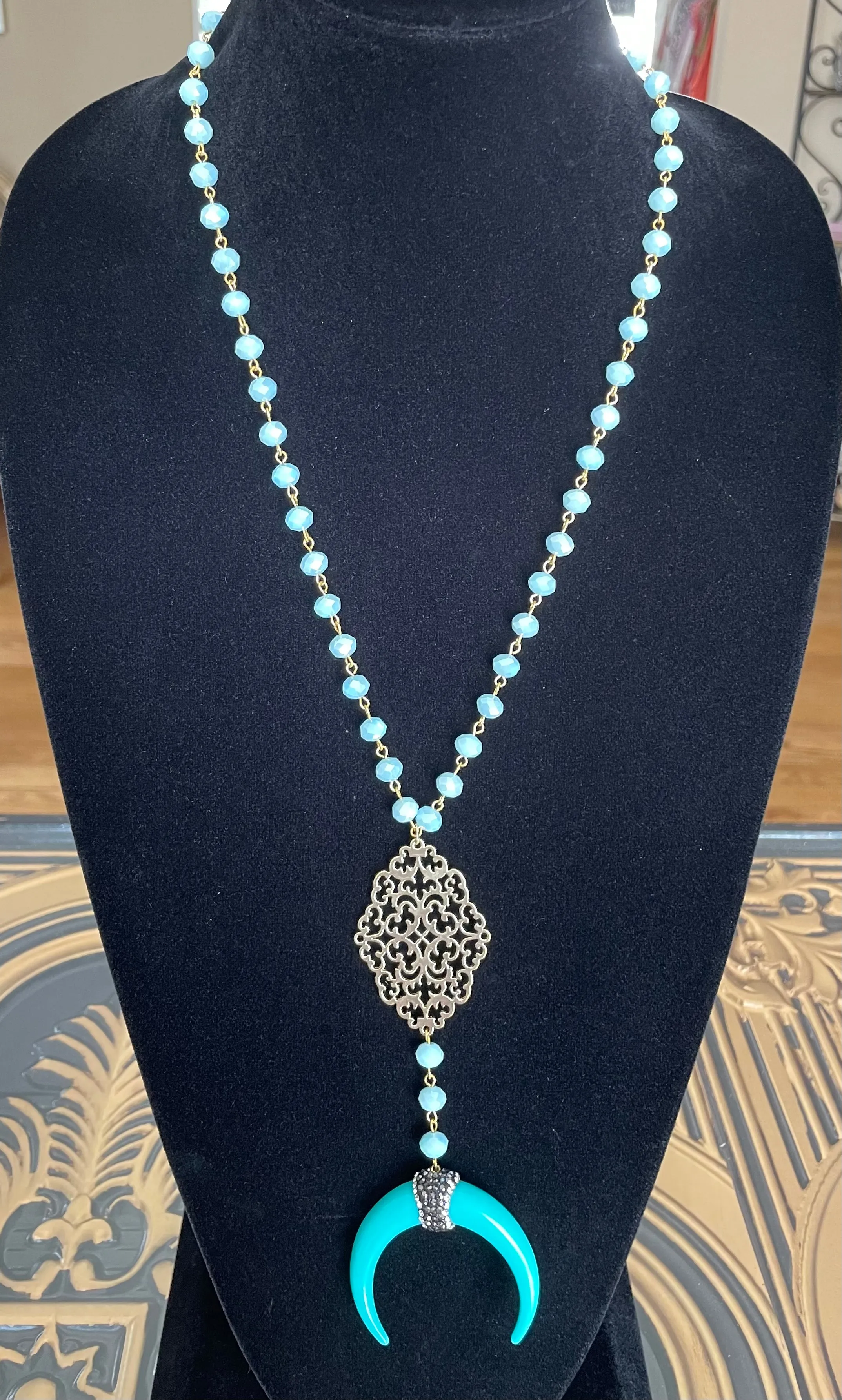 Accessories- Long Teal & Gold Beaded Necklace with Gold Design Pendant and Teal Bone