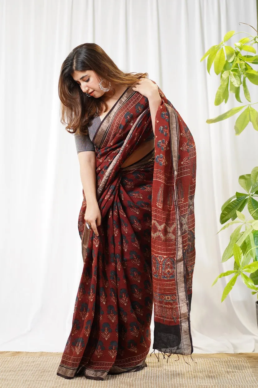 Ajrakh Hand Block Printed Linen Saree