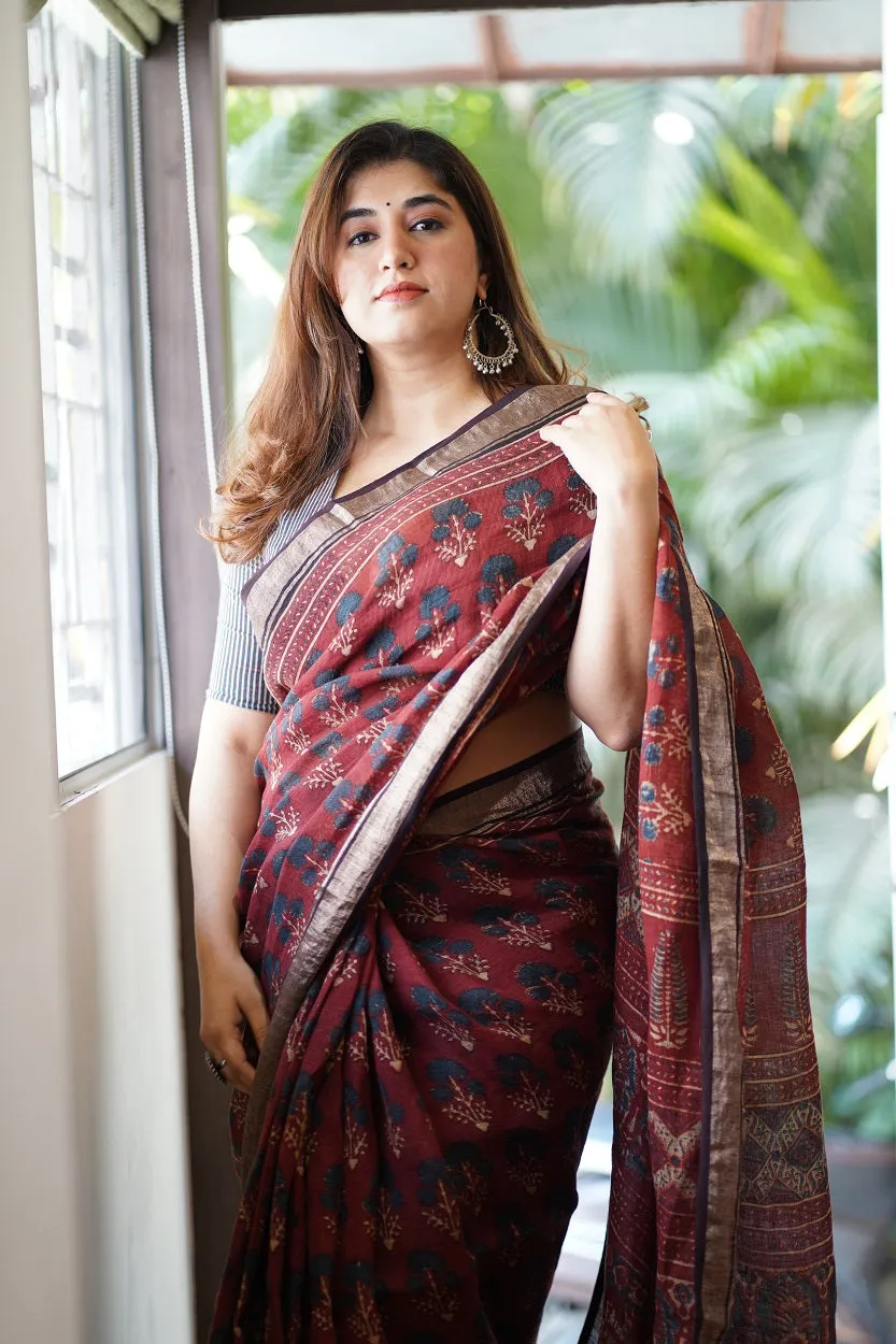 Ajrakh Hand Block Printed Linen Saree