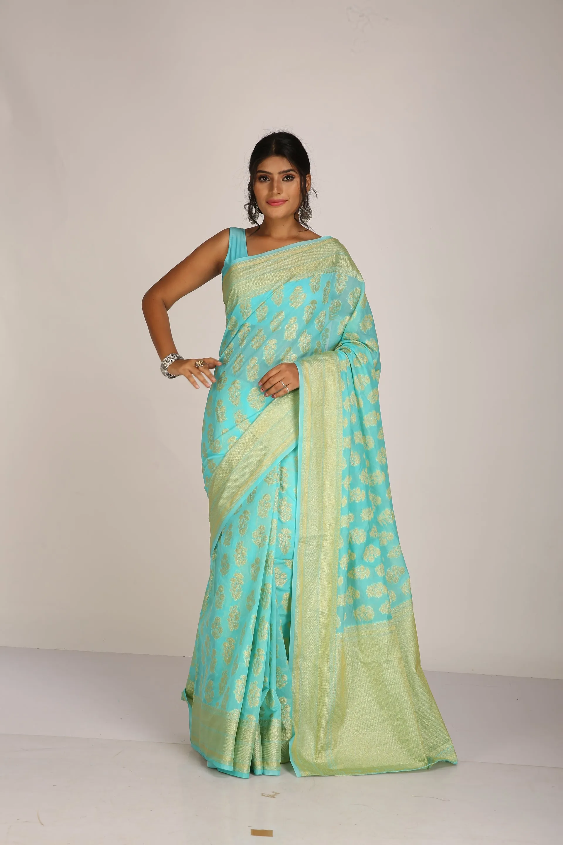 Aqua Blue Traditional Silk Saree