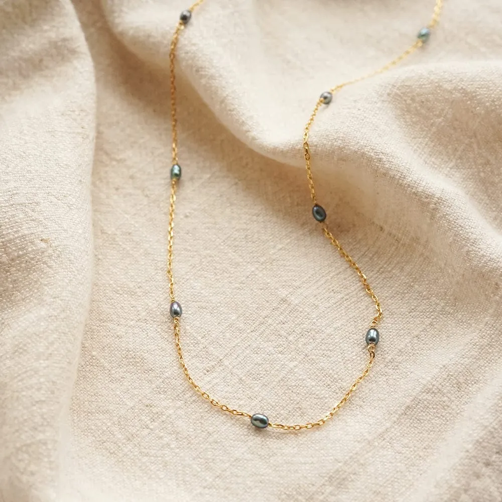 Black Seed Pearl Chain Necklace 18ct Gold Plate