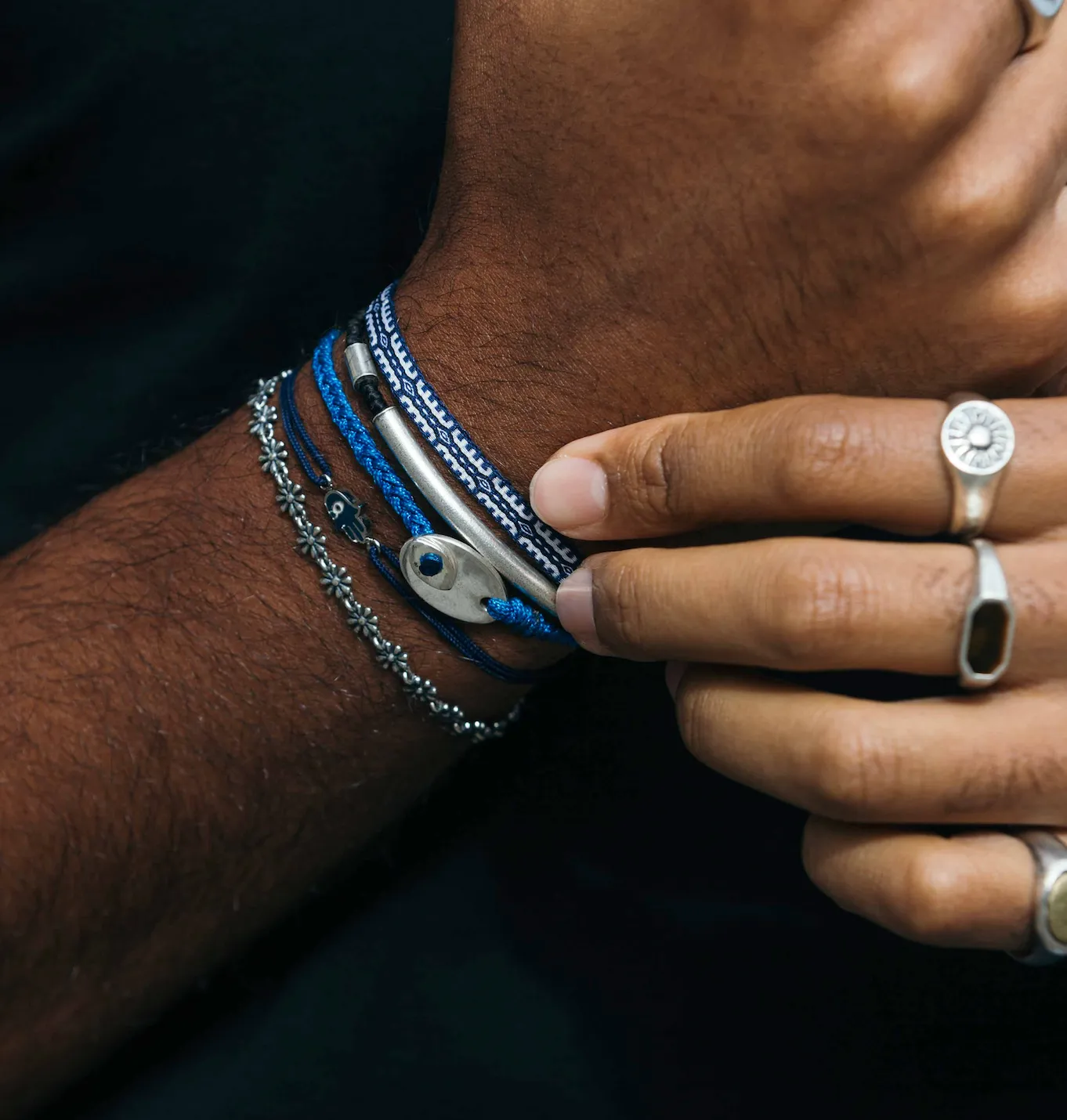Braided Bracelet With Sterling Silver Button (Dark Blue)