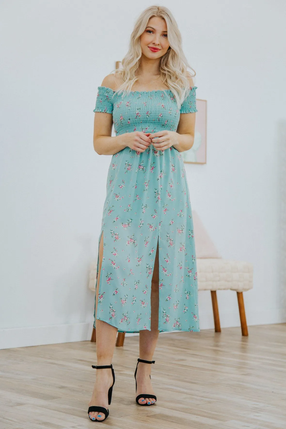 Can't Believe it Floral Smocking Off The Shoulder Side Slit Dress in Turquoise