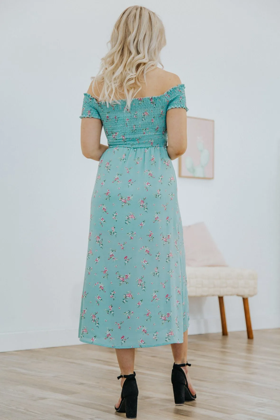 Can't Believe it Floral Smocking Off The Shoulder Side Slit Dress in Turquoise