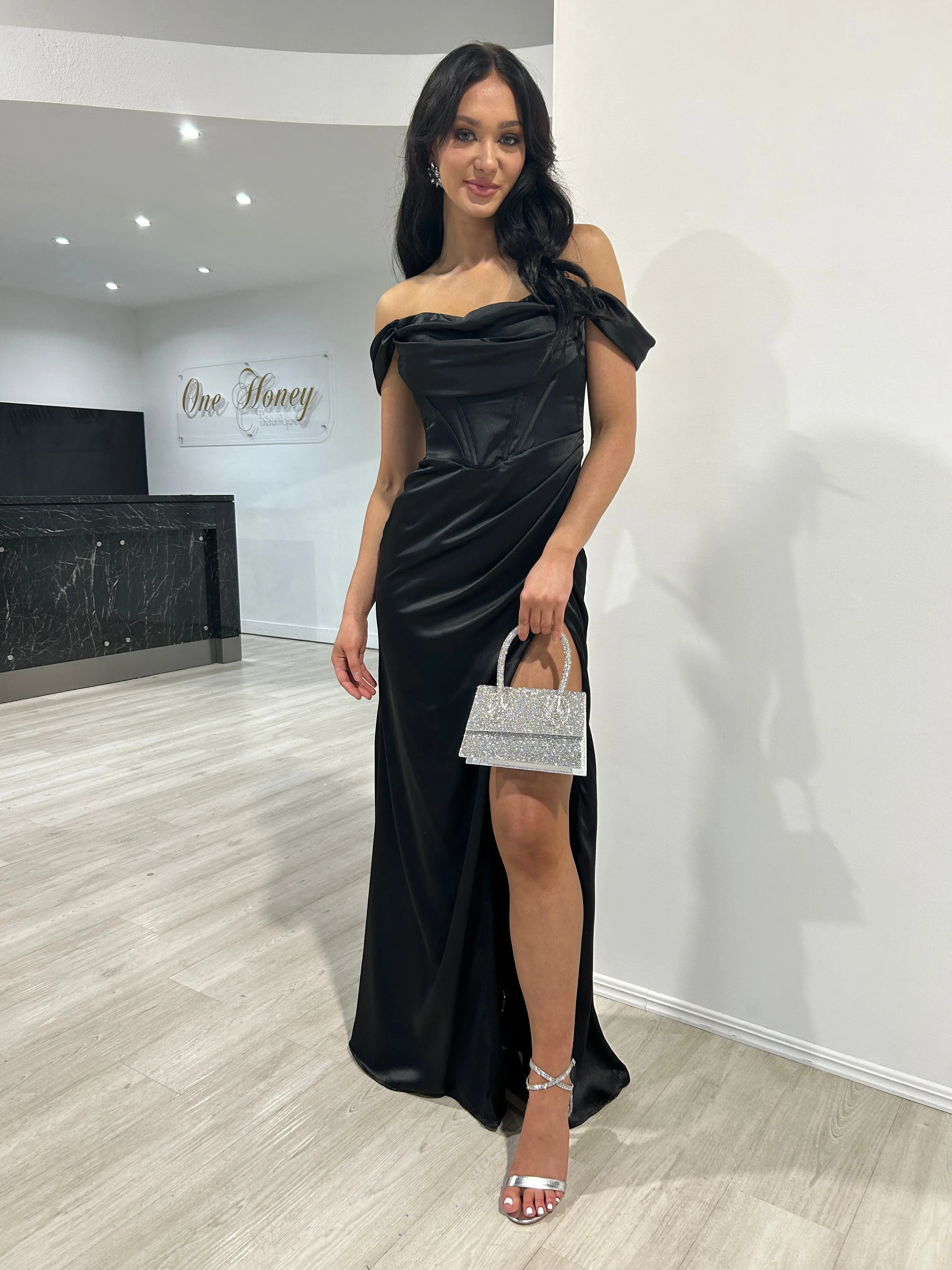 CECE Off The Shoulder Satin Corset Bustier Bridesmaid Formal Dress