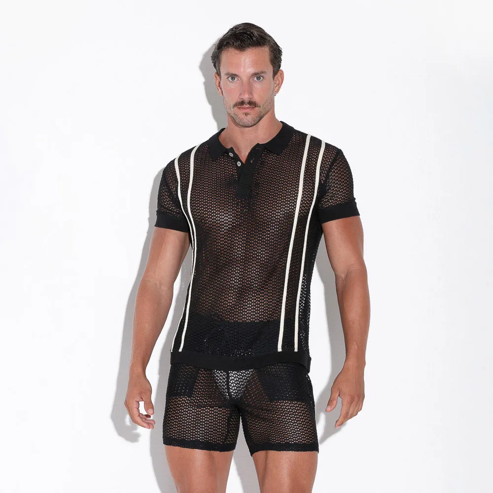 Code 22 Openwork 9735 mesh polo shirt black