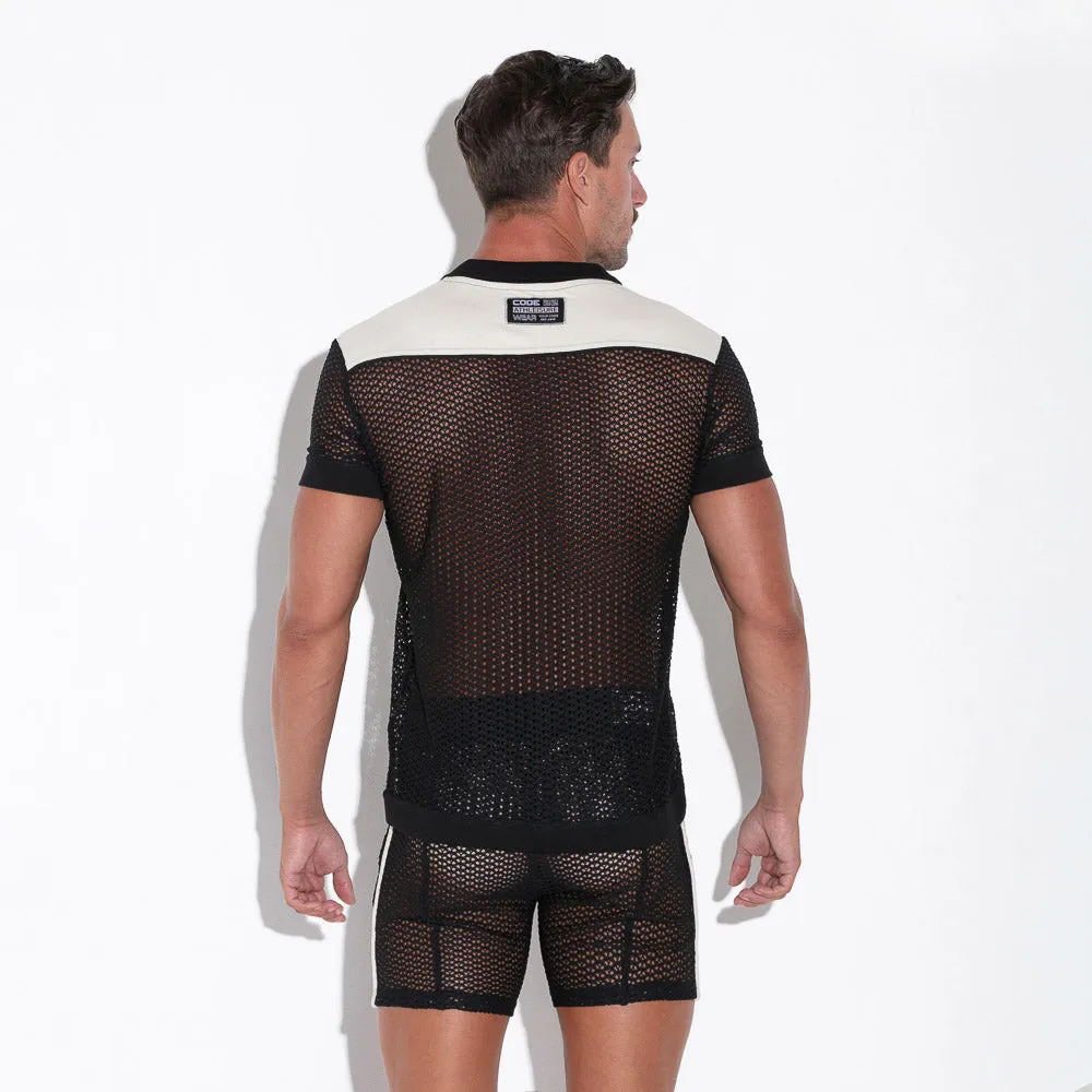 Code 22 Openwork 9735 mesh polo shirt black