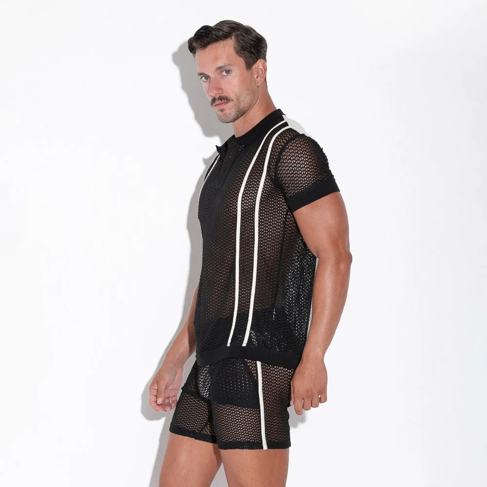 Code 22 Openwork 9735 mesh polo shirt black
