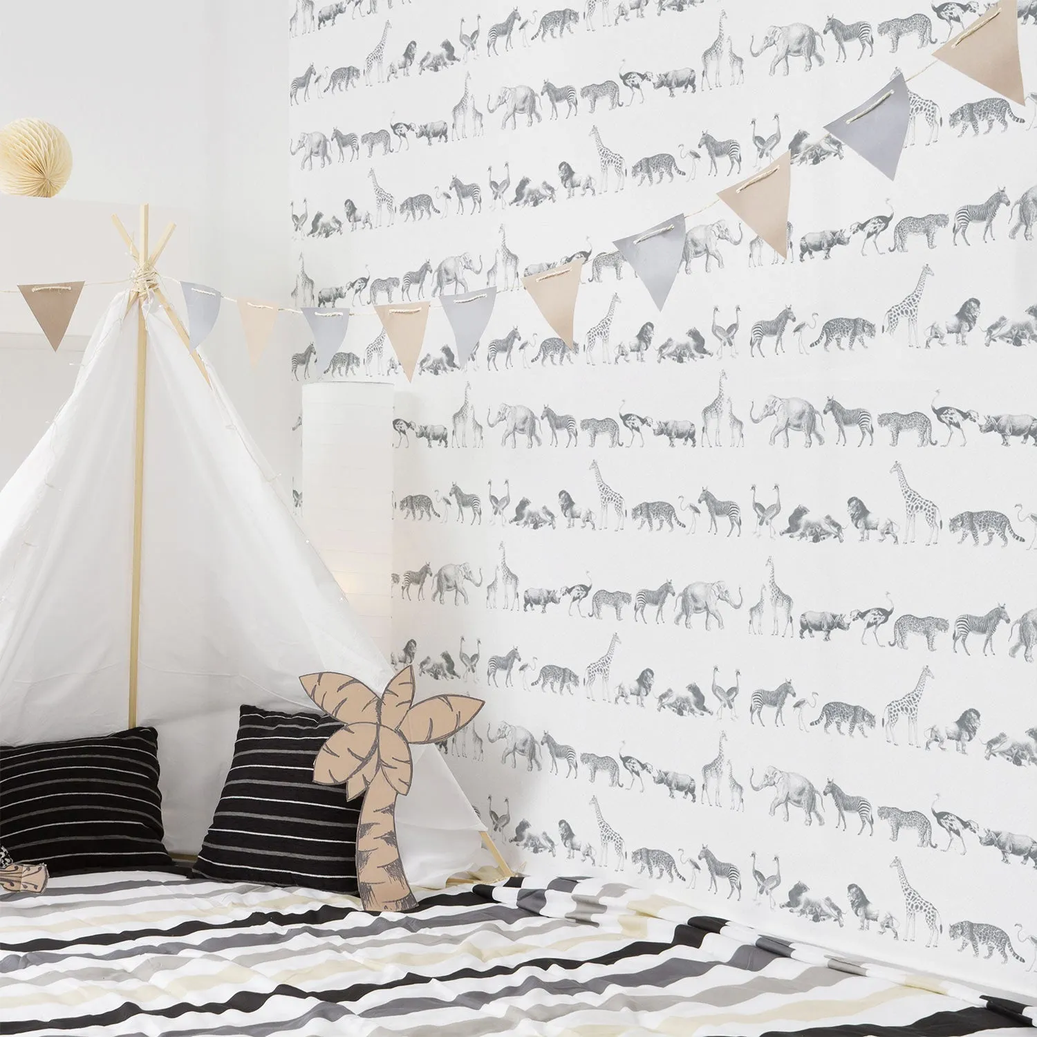 Grey Vintage Safari Animal Wallpaper