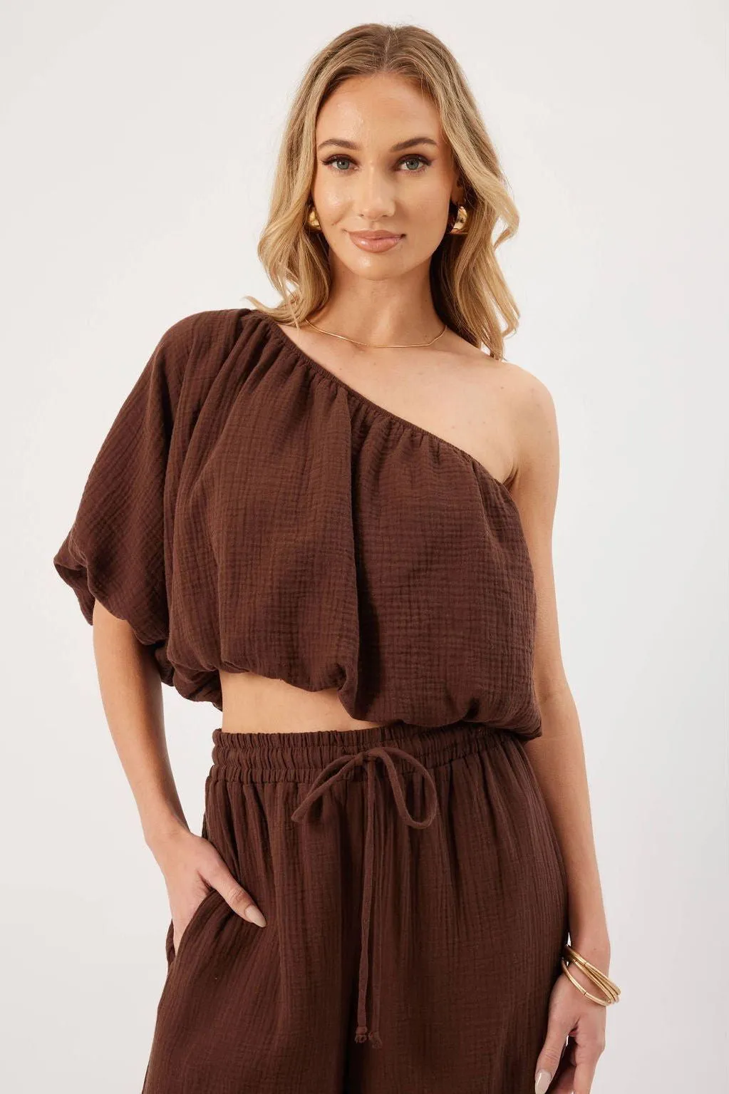 Lina Chocolate One Shoulder Top