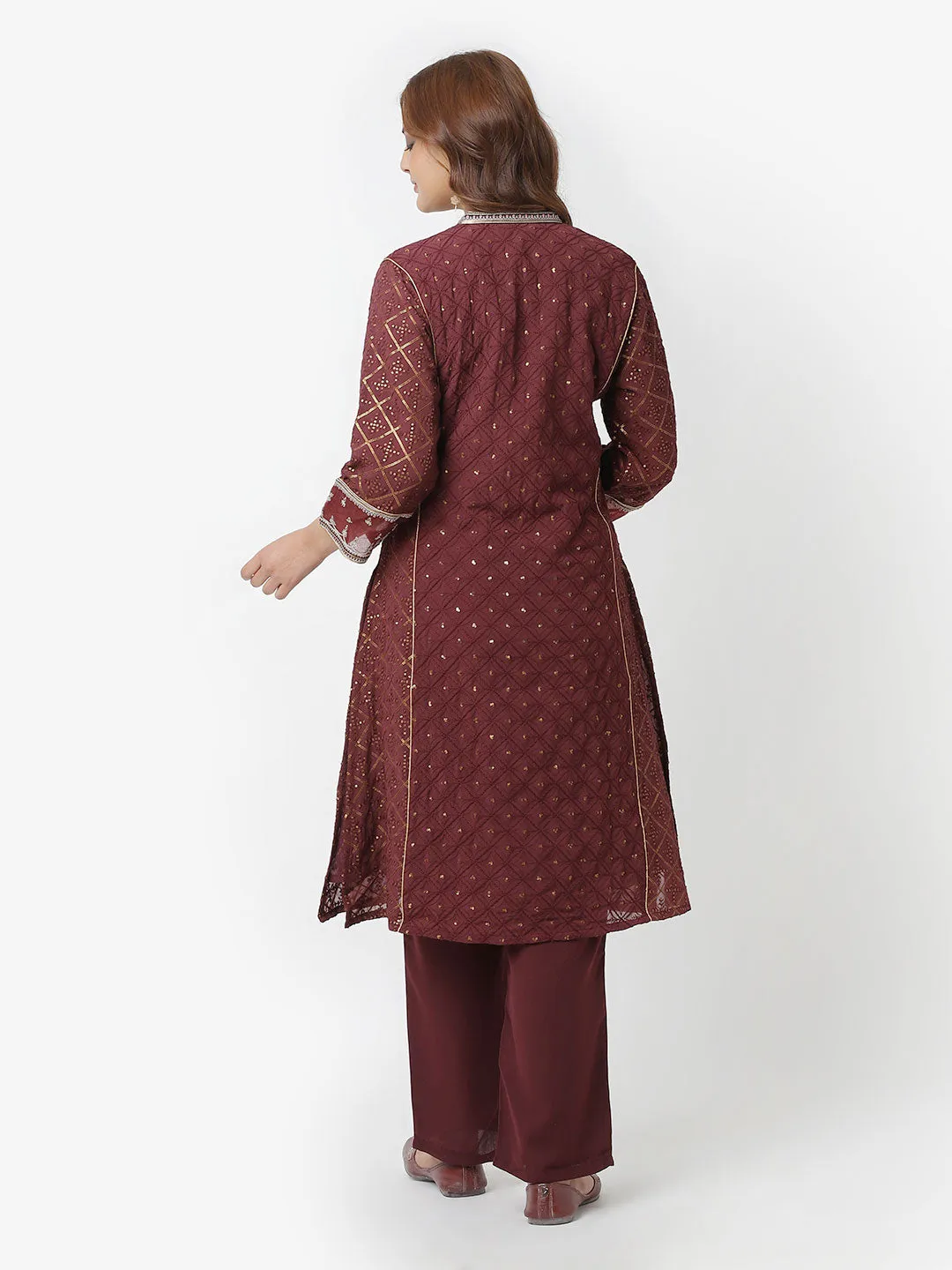 Maroon Schiffli Co-ord Set with Hand Embroidery