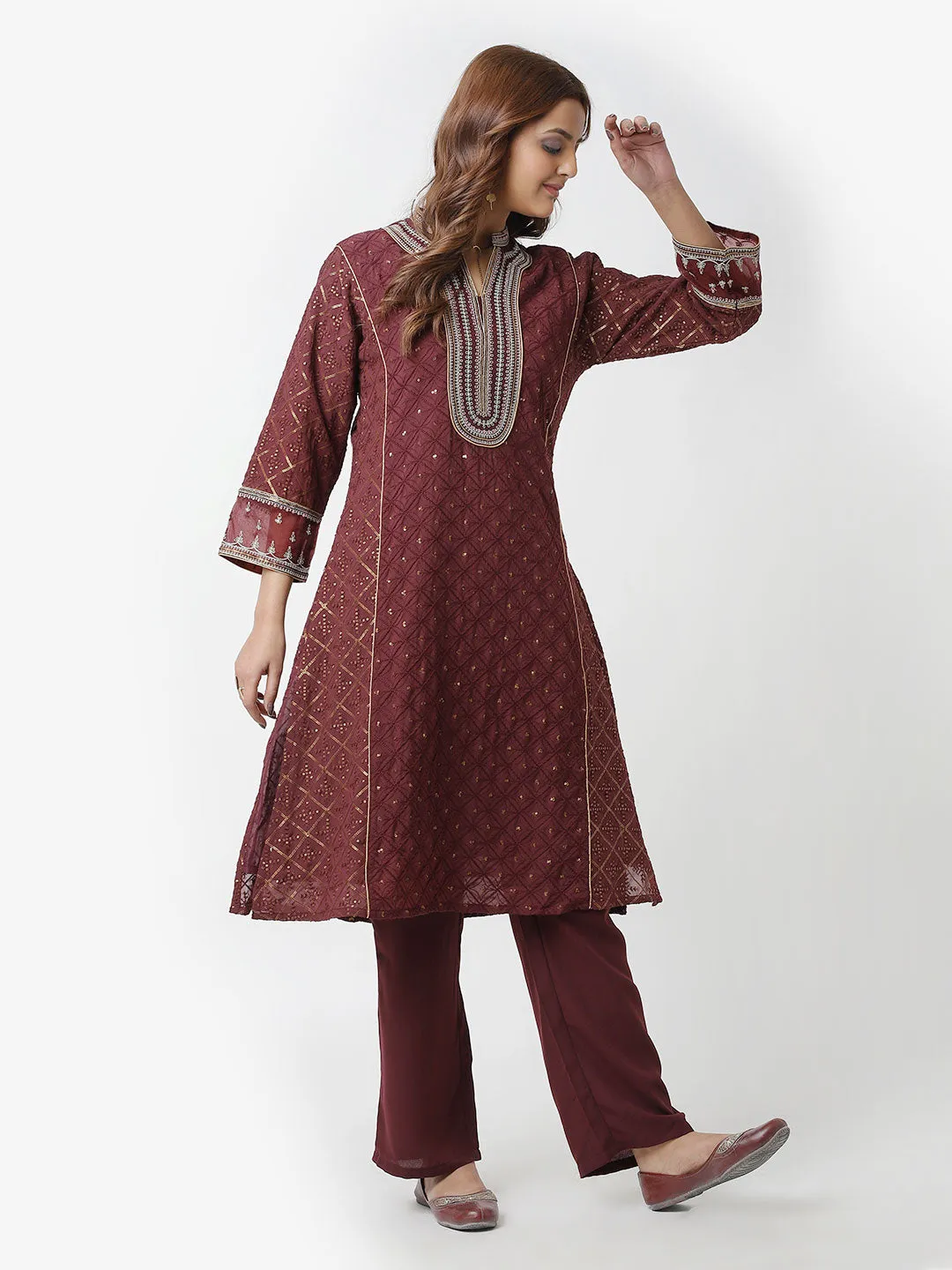Maroon Schiffli Co-ord Set with Hand Embroidery